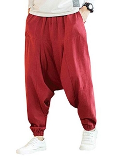 Men's Patchwork Linen Pants Casual Elastic Waist Drawstring Yoga Beach Trousers