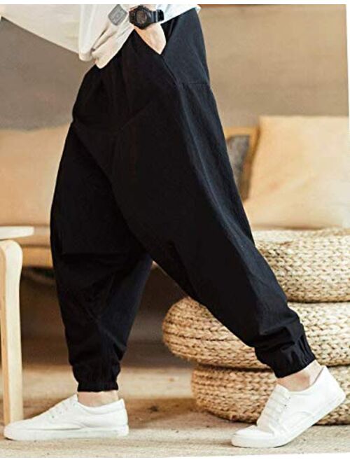 HONIEE Men's Patchwork Linen Pants Casual Elastic Waist Drawstring Yoga Beach Trousers
