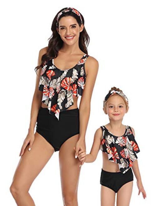 OMZIN Mother and Daughter Swimsuit High Waisted Tummy Control Matching Family Two Pieces Falbala Racerback Tankini Bikini Set