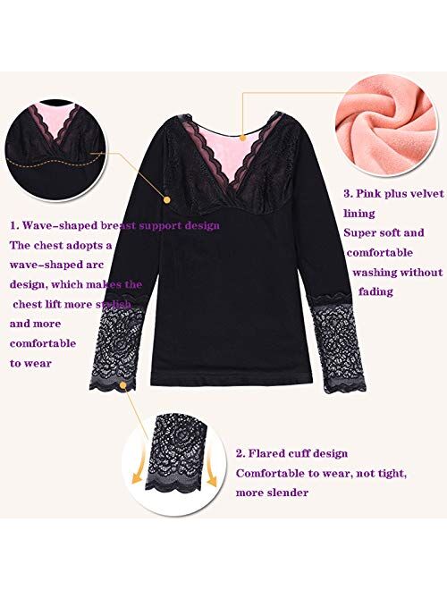 OMING Thermal Underwear V-Neck lace Thermal Underwear Women's Long-Sleeved Thickening Plus Velvet Bottoming Shirt Sexy top can not Afford The Ball and Does not Fade Winte