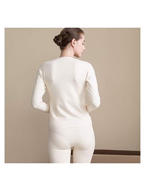 Jinqiuyuan Silk Velvet Thermal Underwear Set Women's Silk, Velvet, Thickened Round Collar, Bottom Clothes, Autumn Clothes and Trousers (Color : Beige, Size : Medium)