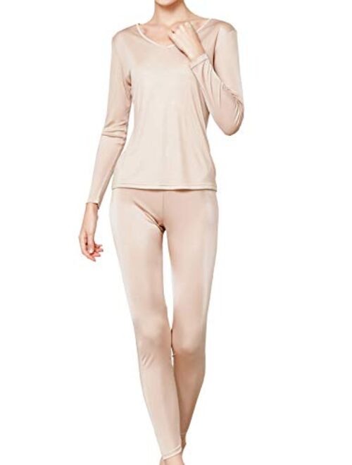 METWAY Women's Silk Long Johns |V-Neck Silk Thermal Underwear Sets|Winter Silk Long Underwear
