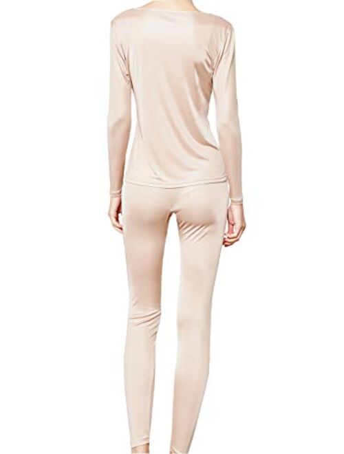 METWAY Women's Silk Long Johns |V-Neck Silk Thermal Underwear Sets|Winter Silk Long Underwear
