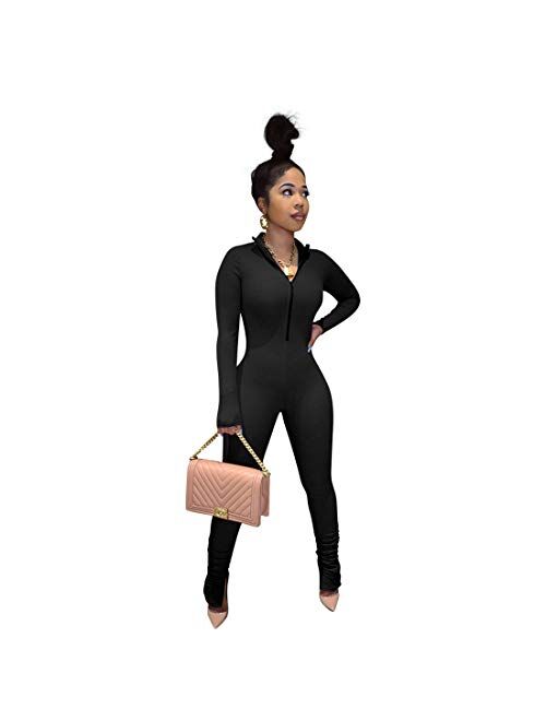 MilaBrown Women Spring Sexy V Neck Solid Skinny Rompers Wear Zipper Long Sleeves Clubwear