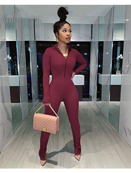 MilaBrown Women Spring Sexy V Neck Solid Skinny Rompers Wear Zipper Long Sleeves Clubwear
