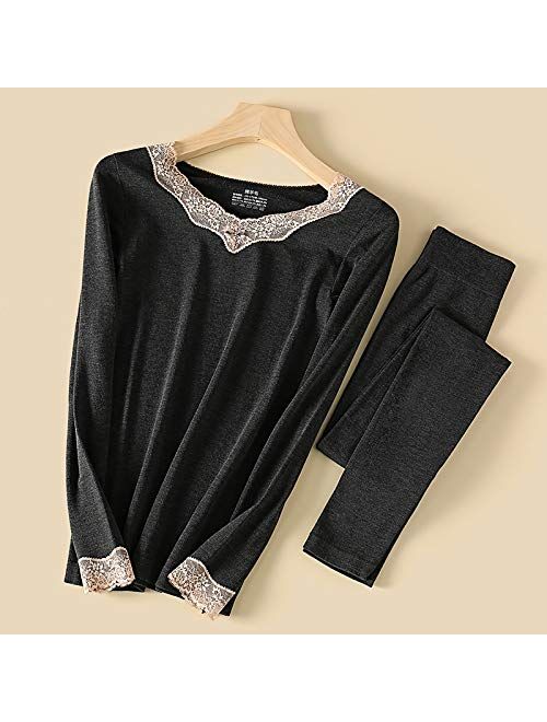 KOYN and Winter Sheep Wool Heating Thermal Underwear Women's lace V-Neck Slim Stretch Ladies Autumn Clothes Long Pants Suit (Color : Black, Size : One Size)
