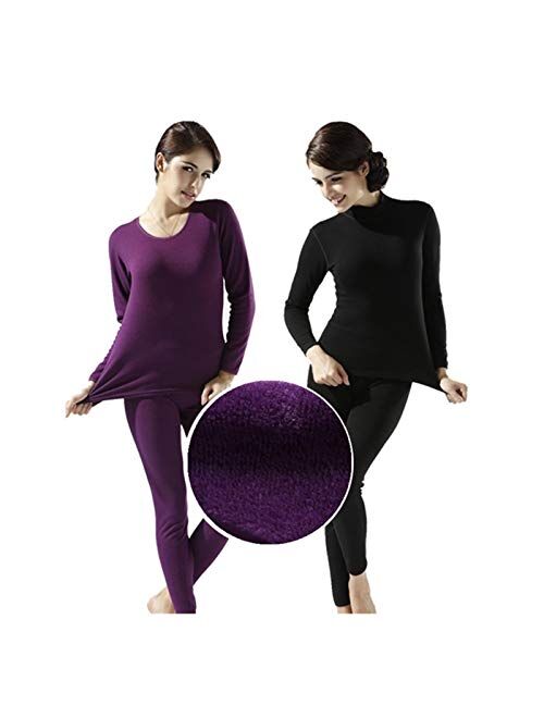 Jinqiuyuan Winter Women's Thick Velvet High Collar Cotton Thermal Underwear Sets Ms. Thick Warm Long Johns Plus Size Women Longies (Color : Style 2 Purple, Size : X-Large
