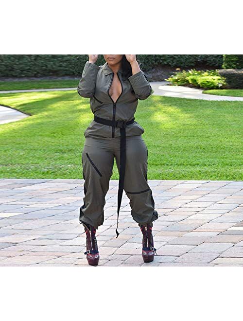 Deep Palpitation Woman Jumpsuit Women Army Belt Front Zip Overalls Harajukue Trendy Romper One Piece Outfit Jumpsuitr