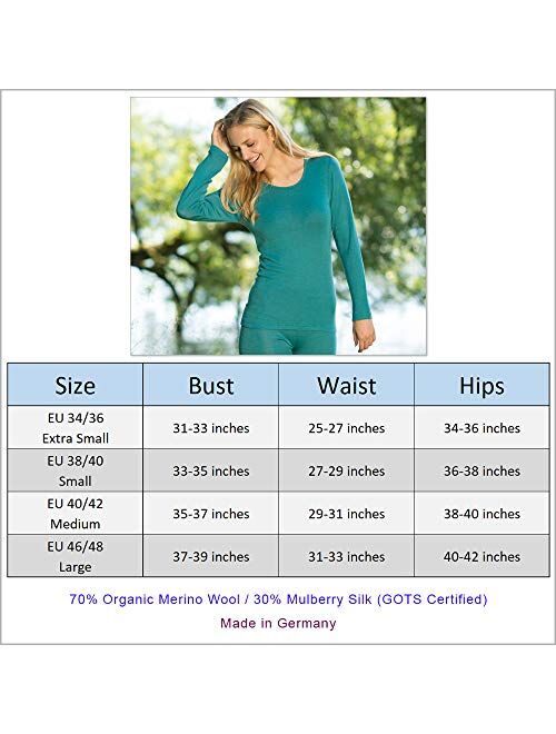 Women's Thermal Base Layer Top - Lightweight Moisture Wicking Organic Merino Wool Silk Undershirt (EU 34-36 | Extra Small, Walnut)