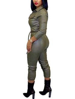 WAWAYA Women's Belted Faux Pu Leather Casual Zipper Slim Fit Long Rompers