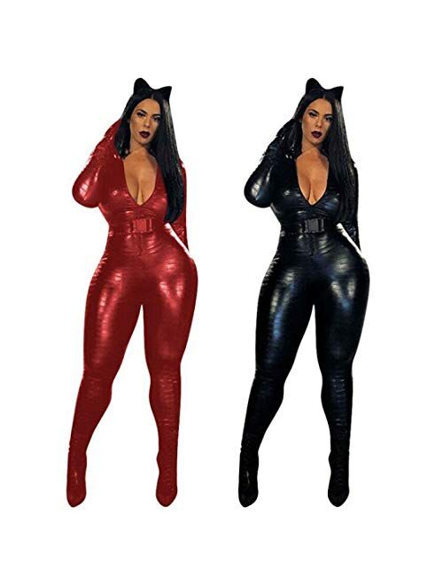 Women V-Neck Full Sleeve Pu Leather Rompers Sashes Sexy Night Club One Piece Outfits
