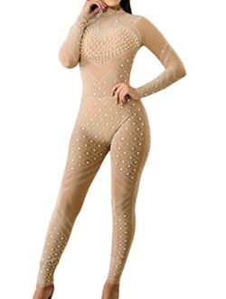 Hurrg Womens Sexy Mesh Perspective Sequins Bandage Night Club Rompers Jumpsuits