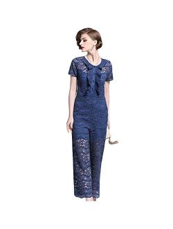 Women Short Sleeve Lace Jumpsuits, Casual Wide Leg Mesh Print Round Neck Playsuit Romper for Work Vacation Party Streetwear,Blue,XXL