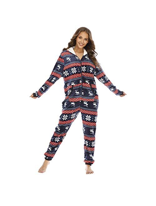 Snhpk Women's Christmas Jumpsuit Flannel Pajamas Tracksuit Overalls Long-Sleeved Sleepwear Romper Catsuit Party Playsuit,Blue,S