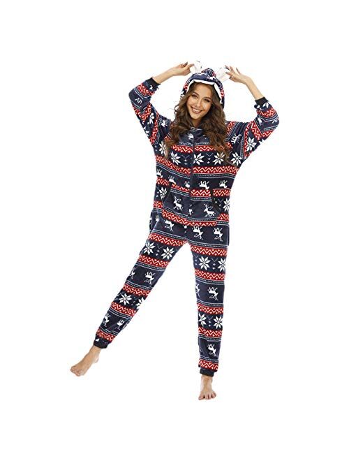 Snhpk Women's Christmas Jumpsuit Flannel Pajamas Tracksuit Overalls Long-Sleeved Sleepwear Romper Catsuit Party Playsuit,Blue,S