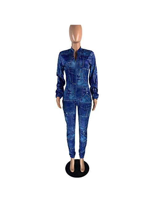 Autumn Women's Jumpsuit Long Sleeve Zipper Moto Biker Style Bodycon Patchwork One Piece V-Neck Overall Rompers Outfits