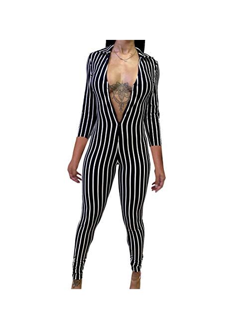 MilaBrown Women Spring Striped Sexy V-Neck Skinny Jumpsuit Lady Full Sleeve Party Romper