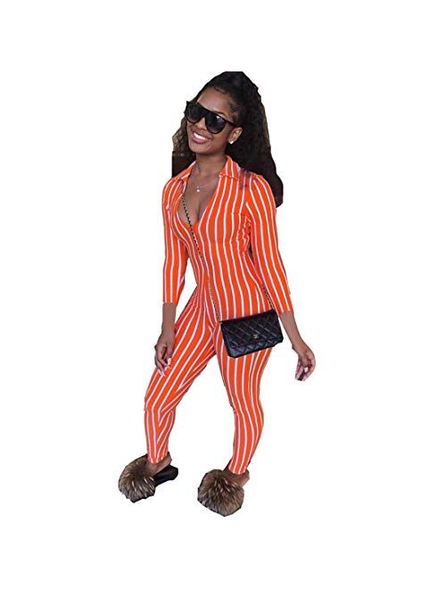 MilaBrown Women Spring Striped Sexy V-Neck Skinny Jumpsuit Lady Full Sleeve Party Romper