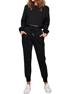 Women's Long Sleeve Crop Top and Pants Pajama Sets 2 Piece Jogger Long Sleepwear Loungewear Pjs Sets