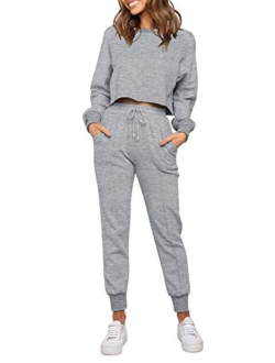 Women's Long Sleeve Crop Top and Pants Pajama Sets 2 Piece Jogger Long Sleepwear Loungewear Pjs Sets