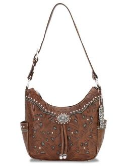 American West LCBT620 Lady Lace Zip-Top Everyday Hobo with 2 Side Pockets, Antique Brown & Turquoise