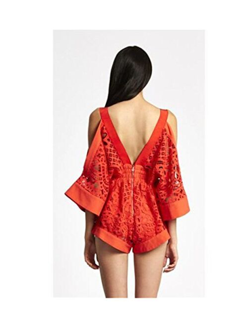Fenghuavip Summer Strap Orange-red Deep V-neck Short Jumpsuits