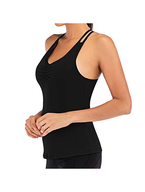 Women's Yoga Workout Camisole with Built in Bra Strappy Racerback Athletic Tank Top