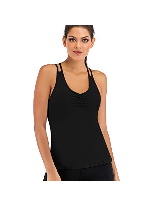Women's Yoga Workout Camisole with Built in Bra Strappy Racerback Athletic Tank Top