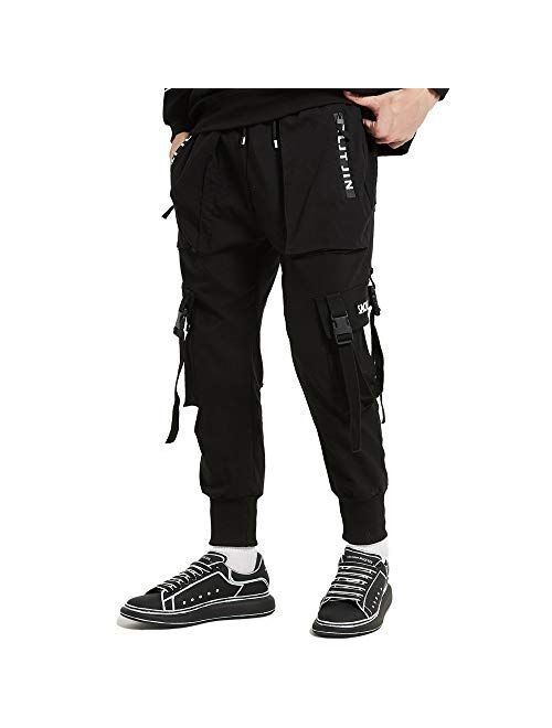 RLJT JIN Mens Drawstring Elastic Waist Harem Pants Hip Hop High Street Casual Joggers Sweatpants with Side Zipper Pockets