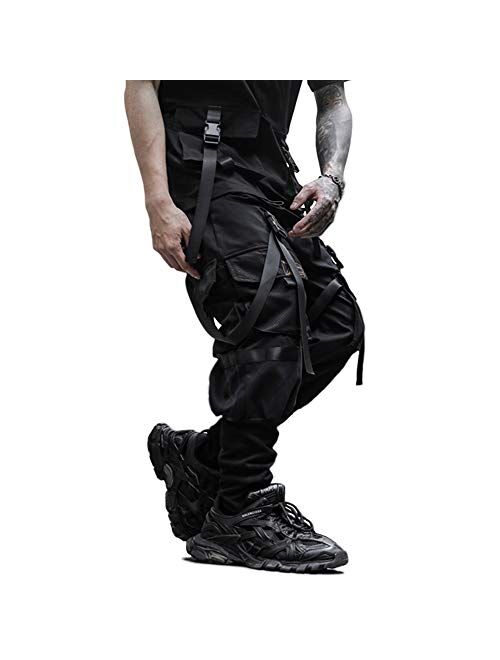 RLJT JIN Men's Elastic Waist Harem Pants Jogger Drawstring Motor Biker Punk Trousers Hip Hop Pockets Sweatpants for Casual