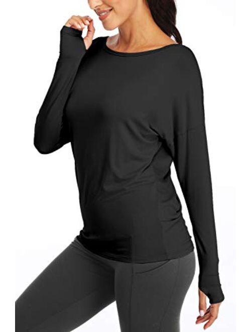 Sanutch Long Sleeve Open Back Workout Tops Backless Yoga Thumbhole Shirts Gym Clothes for Women