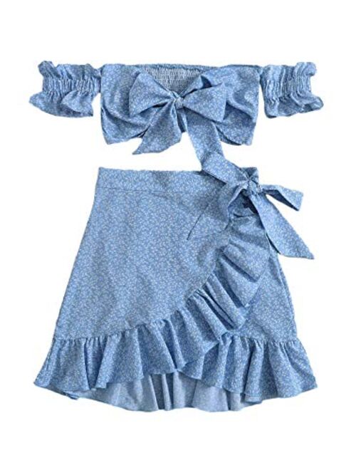 MakeMeChic Women's Two Piece Floral Knot Shirred Back Cami Crop Top and Ruffle Wrap Skirt Set