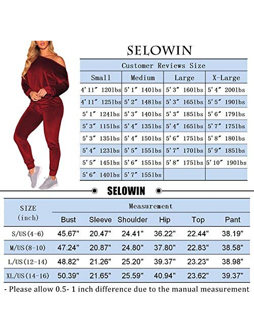 Selowin Women Off One Shoulder 2 Piece Casual Jogger Sweatsuit Velvet Tracksuit Sets