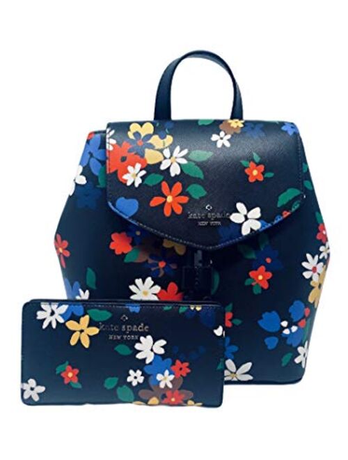 Kate Spade New York Medium Black Flap Backpack handbag Bag Bundled with Floral Bifold Wallet