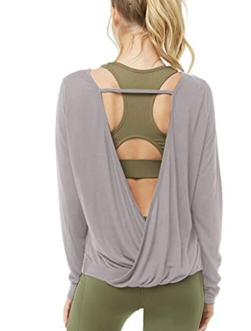 Muzniuer Womens Long Sleeve Open Back t-Shirts Loose Backless Yoga t-Shirts Thumbhole t-Shirts 