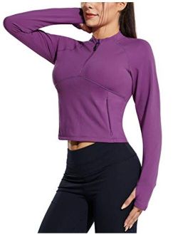 Womens Long Sleeve Crop Tops Half Zip Pullover Sweatshirts Athletic Running Workout Thumbholes