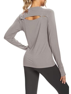 Womens Long Sleeve Workout Tops Open Back Shirts Exercise Gym Clothes Athletic Yoga T Shirts