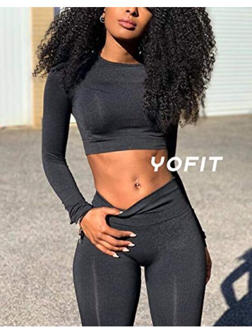 YOFIT Women's Workout Outfit 2 Pieces Seamless High Waist Yoga Leggings with Long Sleeve Crop Top Gym Clothes Set