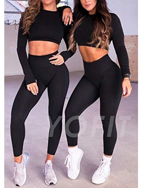 YOFIT Women's Workout Outfit 2 Pieces Seamless High Waist Yoga Leggings with Long Sleeve Crop Top Gym Clothes Set