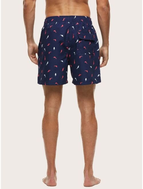 Shein Men Fish Print Drawstring Waist Swim Trunks