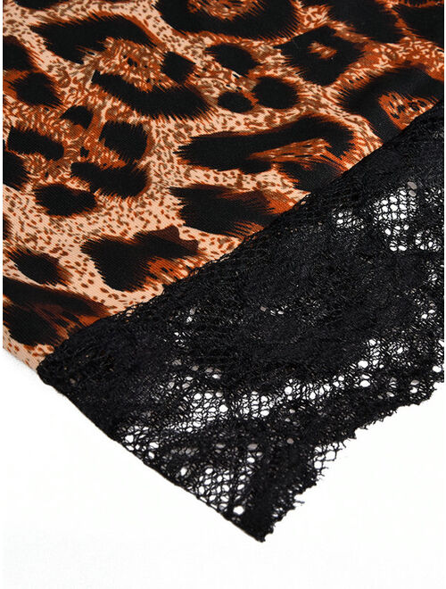 SpringTTC Women's Plus Size See Through Lace Spaghetti Strap Leopard Floral Pajamas Nightgown