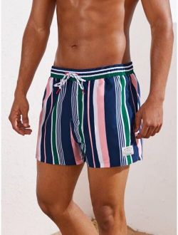 Men Striped Patched Swim Trunks