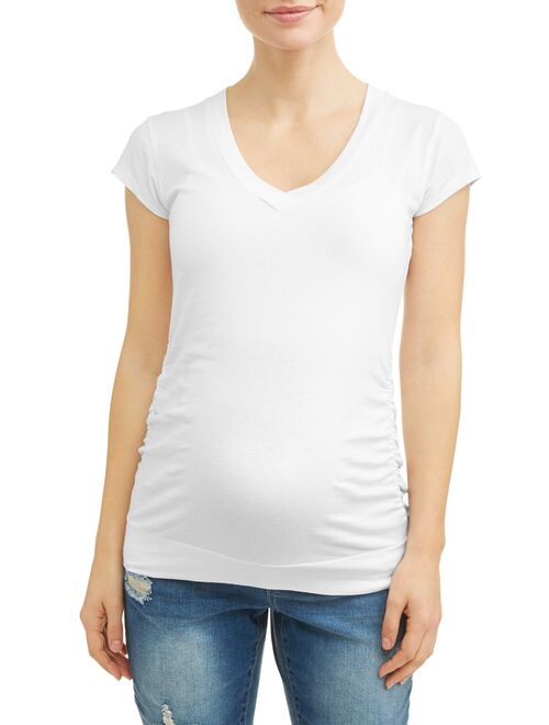Oh! Mamma Maternity Basic V-Neck Tee With Flattering Side Ruching-Available in Plus Sizes