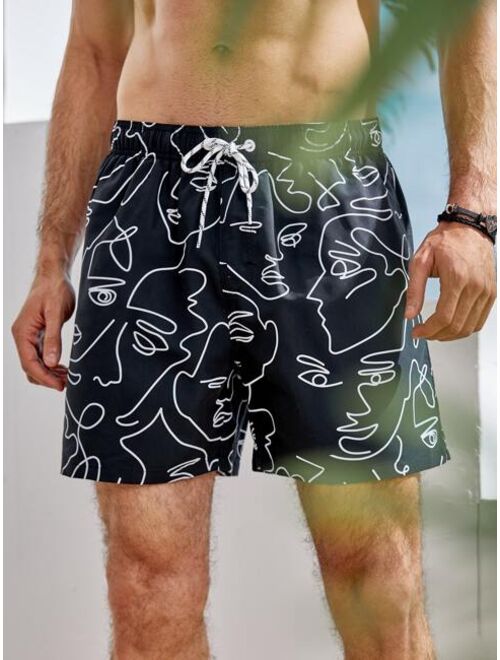 Buy Shein Men Abstract Figure Graphic Drawstring Waist Swim Trunks ...
