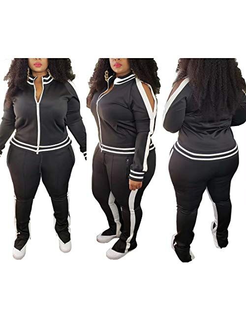 IyMoo Women's Plus Size Jogging Suits Tracksuits Two Piece Stripe Cold Shoulder Sweatshirt & Long Pants Sweat Suits Sets