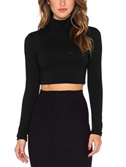 Women Long Sleeve Stretchy Crop Top Sexy Slim Fitted Cropped Shirts Turtleneck Crop Top