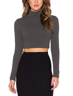 Women Long Sleeve Stretchy Crop Top Sexy Slim Fitted Cropped Shirts Turtleneck Crop Top