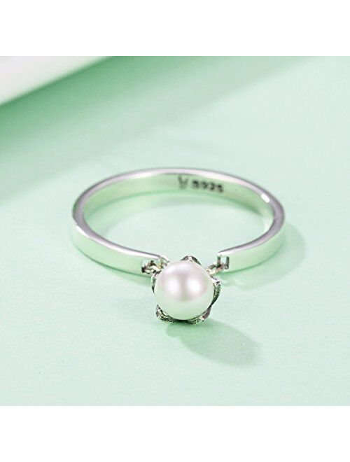 kokoma Sterling Silver Dangle Freshwater Cultured Pearl Flower Open Ring Adjustable Tassel Band Stacking Ring for Women Girls