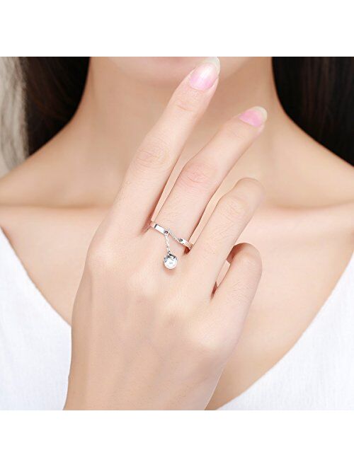 kokoma Sterling Silver Dangle Freshwater Cultured Pearl Flower Open Ring Adjustable Tassel Band Stacking Ring for Women Girls