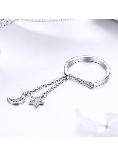 Kokoma Fashion CZ Moon Star Eternity Promise Ring Sterling Silver Adjustable Crystal Tassel Chain Wedding Statement Rings Finger Tail Band Cute Jewelry Gifts